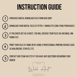 May include: Instruction guide with numbered steps on a beige background. The guide includes instructions on purchasing and downloading digital files from Etsy, and printing them at home or a professional service. The text also includes the shop's name.