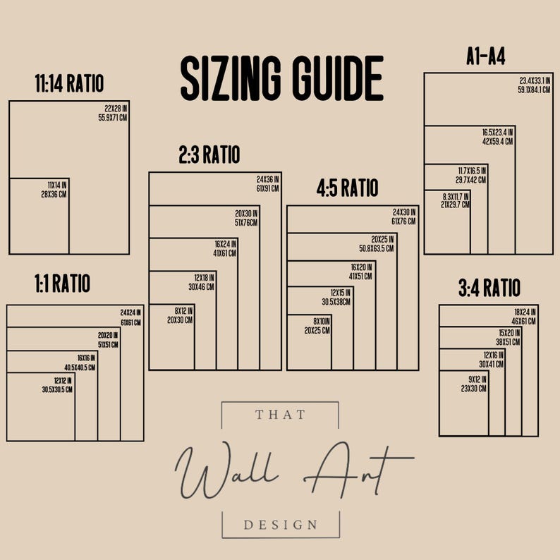 May include: A sizing guide for wall art prints, featuring various aspect ratios like 11:14, 2:3, 4:5, 1:1, and 3:4. Each ratio displays dimensions in inches and centimeters, with the text "That Wall Art Design" at the bottom.