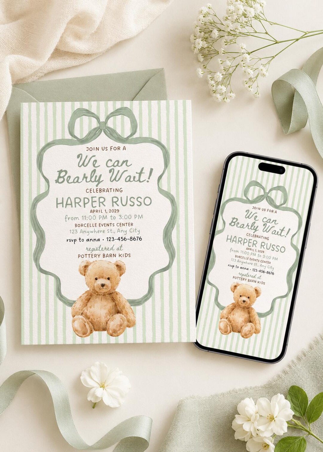 Teddy Bear Baby Shower Invitation | Sage Green We Can Bearly Wait ...