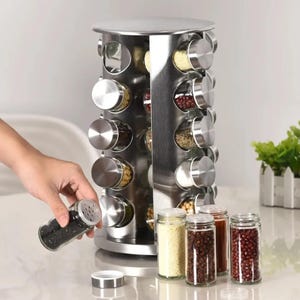 Rotating Stainless Steel Spice Rack with 20 Glass Jars
