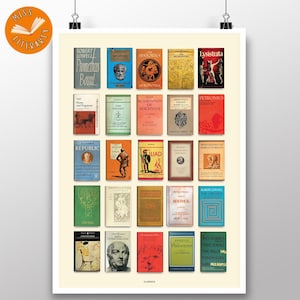 Könnte beinhalten: Ein Vintage-Poster mit einem Raster aus 18 Buchumschlägen, jeder mit einem anderen Titel und Autor. Die Umschläge sind in verschiedenen Farben gehalten und zeigen Illustrationen und Text. Das Poster trägt unten den Titel "Klassiker".
