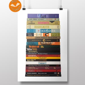 May include: A vertical stack of twenty-four books by Patricia Highsmith, featuring various spine colors including purple, tan, blue, green, orange, black, red, and yellow. The titles and author names are printed in diverse fonts and sizes.