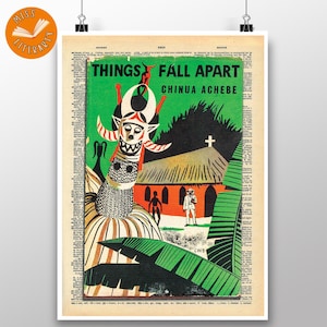 Può includere: Una copertina di libro vintage per "Things Fall Apart" di Chinua Achebe. La copertina presenta un'illustrazione colorata di una figura mascherata, una chiesa e una lussureggiante vegetazione verde. Il titolo e il nome dell'autore sono stampati in grassetto, con caratteri neri.