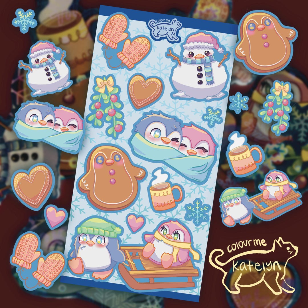 Holographic Holiday Penguin Sticker Sheet | Kawaii Christmas Stickers ...