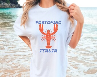 Koszula Portofino Koszula z homarem Koszula Portofino Italia Styl inspirowany oceanem Koszula z wakacjami we Włoszech Podróże po Włoszech Vintage Grafika Morskie stworzenie