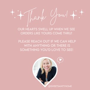 May include: A pink graphic with the words "Thank You!" in elegant script. The text below expresses gratitude for orders and encourages customers to reach out. A smiling woman is featured in a white and pink heart-shaped frame. The shop's Instagram handle is displayed.