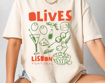 Chemise olive Dirty Martini Olives tomate Girl Euro Martini méditerranéen Chemise Farmers Market Chemise Portugal Voyage Vieil argent Esthétique