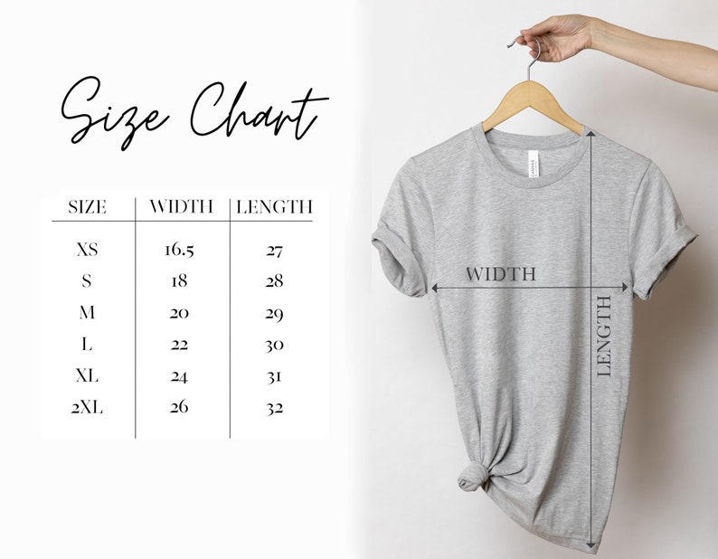 May include: A light gray t-shirt hanging on a wooden hanger. The shirt's width and length are indicated with arrows. A size chart is displayed, showing sizes XS to 2XL with corresponding width and length measurements in inches.