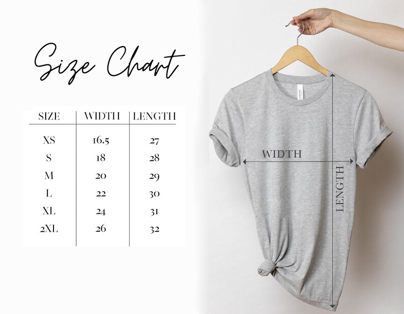 May include: Size chart for a t-shirt with measurements in inches for width and length. Sizes include XS, S, M, L, XL, and 2XL.