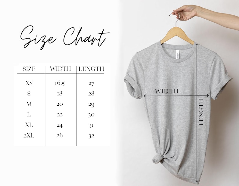 Puede incluir: Tabla de tallas para una camiseta con medidas en pulgadas para el ancho y la longitud. Las tallas incluyen XS, S, M, L, XL y 2XL.