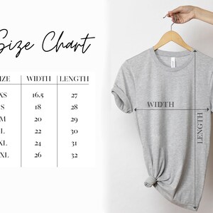 May include: Size chart for a t-shirt with measurements in inches for width and length. Sizes include XS, S, M, L, XL, and 2XL.