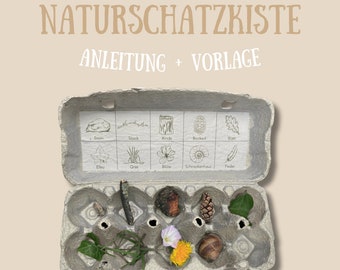 May include: A repurposed egg carton labeled "NATURSCHATZKISTE" with the text "ANLEITUNG + VORLAGE" above. The carton contains various natural items like a pinecone, leaves, and a snail shell. A diagram with labeled drawings of natural items is visible.