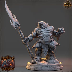 Sharkfolk Urran Shellpiercer Miniature: 3D Printed RPG Model, 32mm Scale
