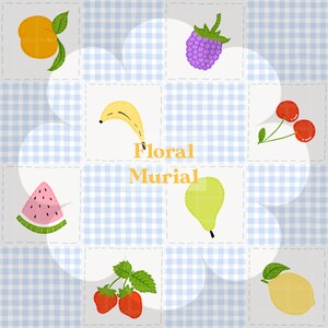 May include: A white cloud with a blue and white gingham background. The cloud contains various fruits and vegetables, including a peach, a blackberry, a banana, a slice of watermelon, a pear, strawberries, a lemon, and cherries.