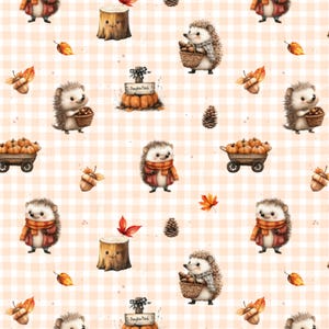 May include: A repeating pattern featuring adorable cartoon hedgehogs, acorns, pumpkins, and fall leaves on a light orange and white checkered background. The hedgehogs are wearing scarves and carrying baskets. A pumpkin patch sign is also visible.