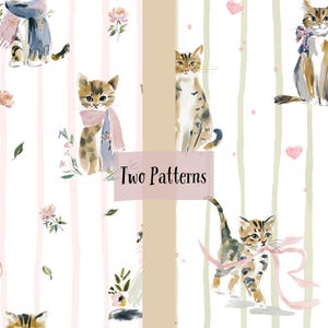 Op de afbeelding: Waterverfillustratie van twee patronen met schattige kittens met sjaals en linten. De kittens staan tegen een achtergrond van verticale strepen, bloemen en harten. De tekst "Two Patterns" wordt weergegeven op een roze rechthoek.