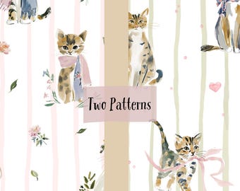 Watercolor Cat Seamless Patterns, Floral Kitten Fabric Print (Digital Download)
