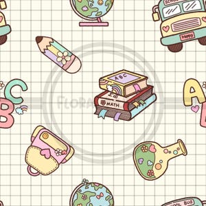 May include: A repeating pattern featuring school-themed illustrations. The design includes a school bus, books, a pencil, a backpack, a globe, and a science beaker. The color palette is soft, with pastel shades of pink, yellow, green, and blue on a grid background.
