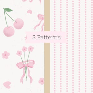 Puede incluir: Dos patrones sin costuras con cerezas rosas, flores y lazos sobre un fondo blanco. El texto "2 Patterns" se muestra en una pancarta rosa.