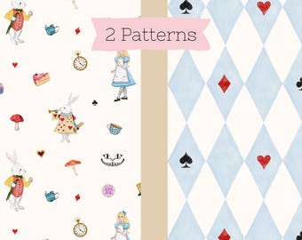 Alice in Wonderland Seamless Pattern, Watercolor Tea Party (Digital Paper)