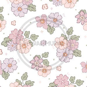 May include: A repeating pattern of stylized flowers in pink, peach, and lilac, with green leaves and small decorative elements on a white backdrop. The floral design is soft and whimsical, suitable for various applications.