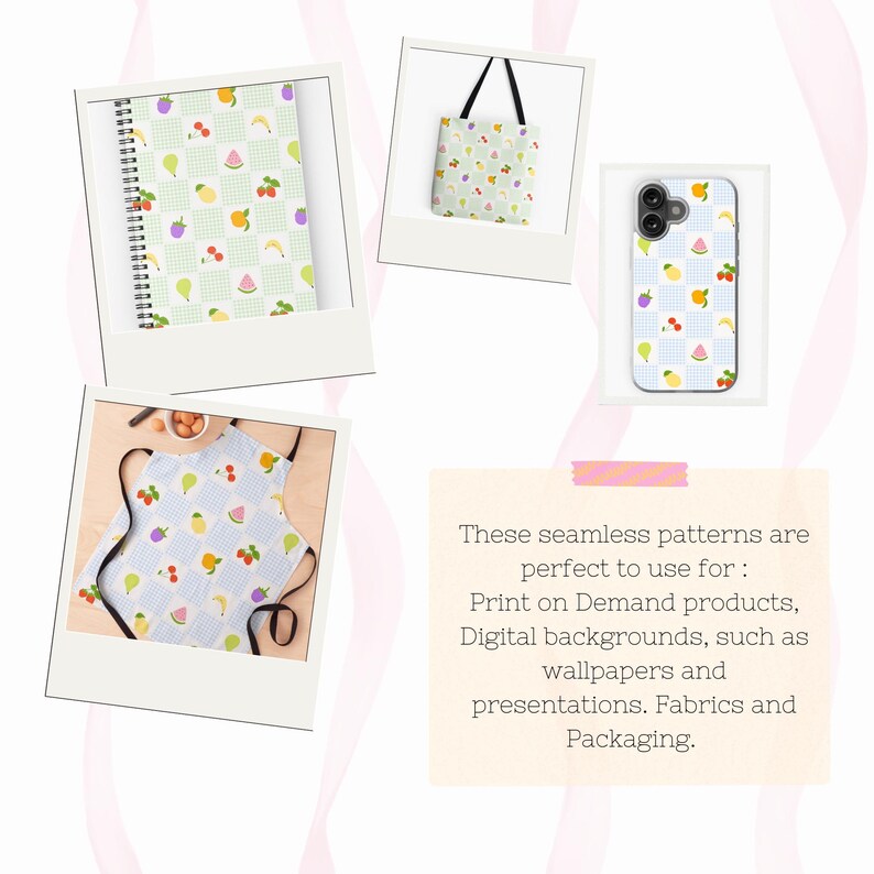 May include: A set of digital seamless patterns featuring a light blue and green checkered background with various fruits, including watermelon, lemons, cherries, and bananas. The patterns are shown on a notebook, tote bag, and phone case.
