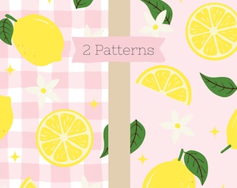 Lemon Blossom Seamless Pattern: Pink Gingham & Solid Background (Digital File)