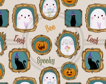 Halloween Seamless Pattern, Ghosts, Cats, Pumpkins (Digital Download