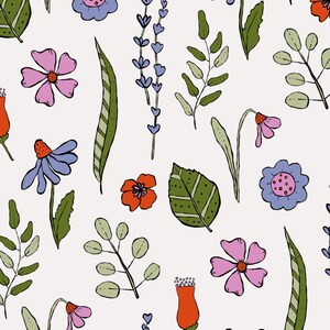 May include: A repeating pattern of hand-drawn flowers and leaves in a range of colours. Pink, orange, and blue flowers are mixed with green leaves and stems. The design has a whimsical, botanical theme.