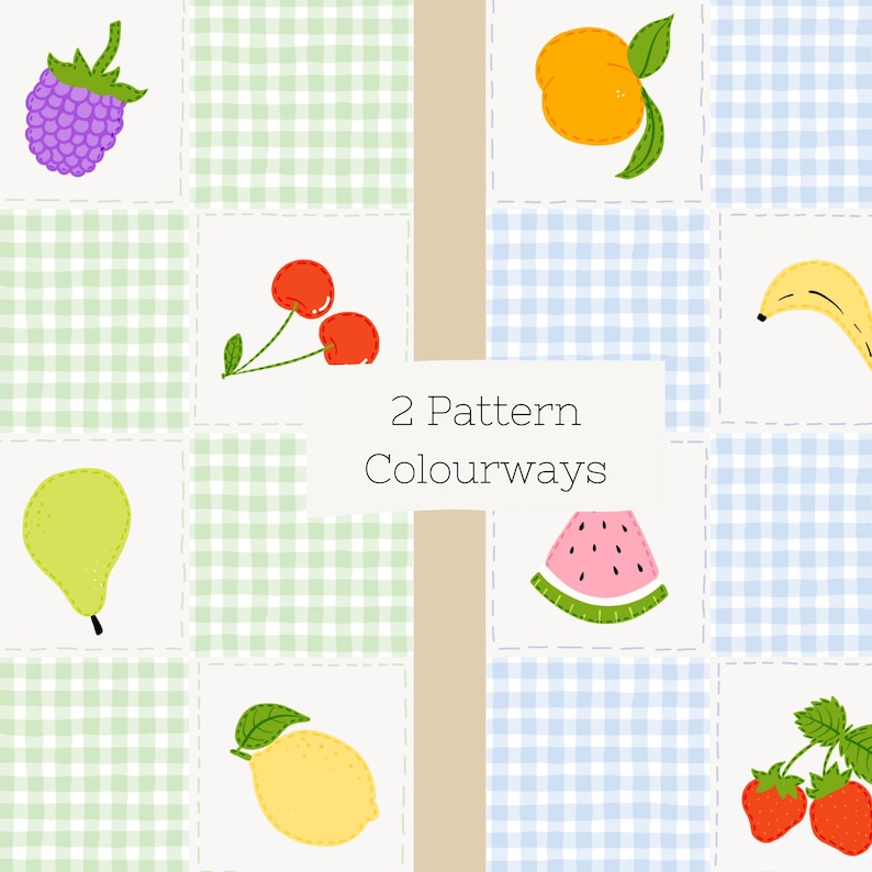 May include: Two pattern colourways of fruit illustrations on a checkered background. The first pattern has a green and white checkered background and the second pattern has a blue and white checkered background. The fruits include a blackberry, cherries, a pear, a lemon, a peach, a banana, a watermelon slice, and strawberries.