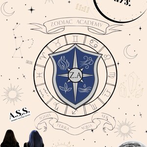 May include: A blue and silver shield with a compass and four symbols representing the elements: fire, air, earth, and water. The shield is surrounded by a zodiac wheel with the text "Z.A." in the center. The text "Zodiac Academy" is written on a banner above the shield. The text "defy the stars." is written in a circle above the banner. The background is a light beige with stars and moons.
