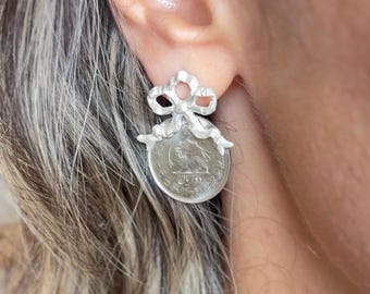 925 silver Vintage handmade coin and bow earrings, seke earrings