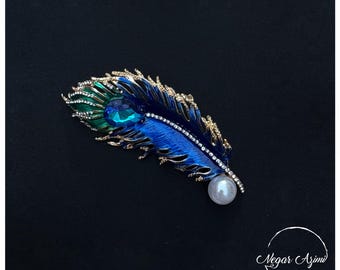 Peacock Feather Brooch Necklace – Enamel, Rhinestone & Faux Pearl