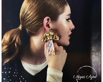 Vintage Inspired Brass & Crystal quartz Earrings with Floral Detail – Handmade Statement Jewelry