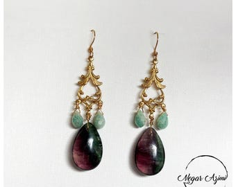 brass vintage inspired chandelier drop earrings with semi precious natural stones