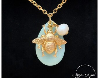 Gold Bee Pendant Necklace with Aquamarine and Pearl Charm