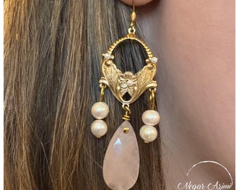 Elegant Handmade Brass and Pearl Earrings with Rose Quartz Drops