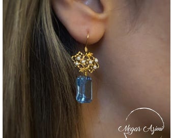 Blue Gemstone Pearl Drop Earrings: Vintage Floral Brass Dangles