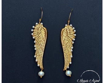 Brass Angel Wing Earrings with Pearls – Vintage-Inspired
