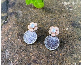 Vintage-Inspired Coin and Pearl Floral Earrings – Handmade Statement Jewelry, Elegant Gift