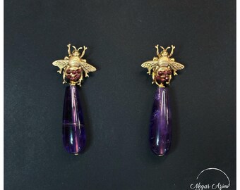 Handmade Brass Bee Dangle Earrings: Amethyst & Garnet Statement Jewelry