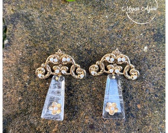 Vintage Inspired Brass & Crystal quartz Earrings with Floral Detail – Handmade Statement Jewelry