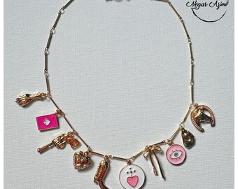 Charm Necklace, hearts, cards, boots, bow, horse, eye