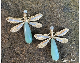 Brass Dragonfly Earrings, Green Jade and Pearl, Vintage Style