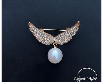 angel wings brooch, with crystal gems and pearl
