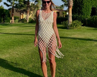 Vestido playero de macramé: vestido de cuerda, vestido playero de red de crochet, vestido bohemio hecho a mano, atuendo para festivales, traje de baño de verano.