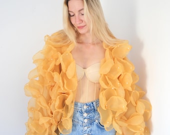 Gold Organza Jacke: Perlen verzierte Party Cape mit Blumen
