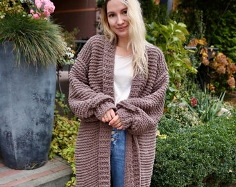 Handmade Chocolate Chunky Knit Cardigan: Plush Floor-Length Sweater Coat