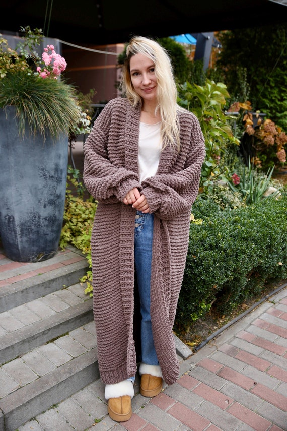 Handmade Chocolate Chunky Knit Cardigan: Plush Floor-Length Sweater Coat