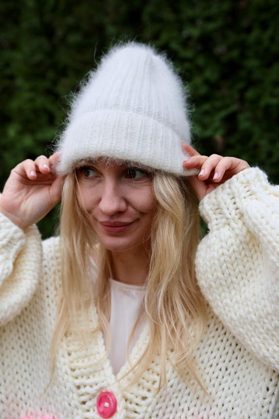 Handmade Mohair Beanie: Soft Ivory Knit Hat, Winter Wear - Etsy display picture 3